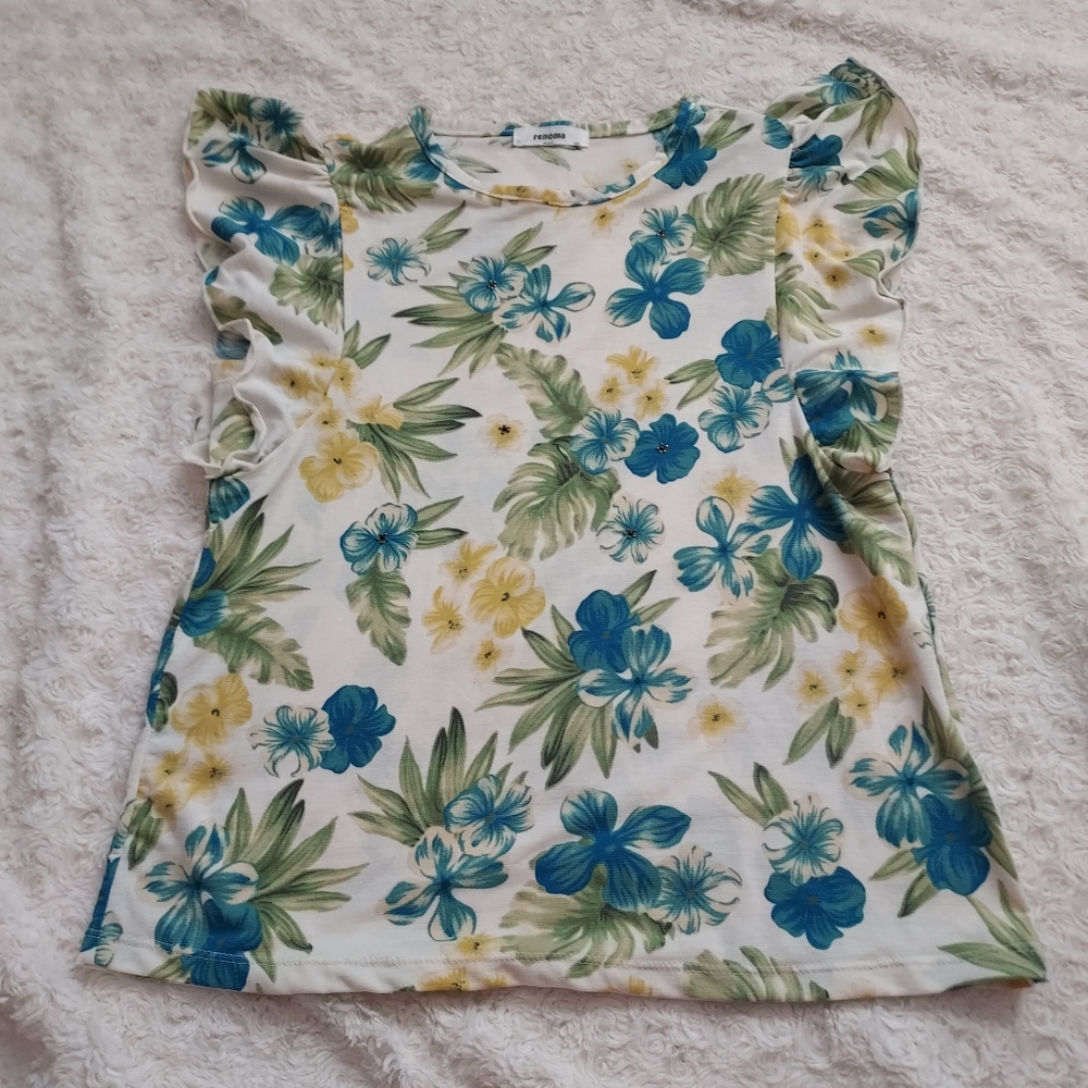 Renoma Paris floral ruffled sleeveless top XS Flirty Feminine Tropical Summer